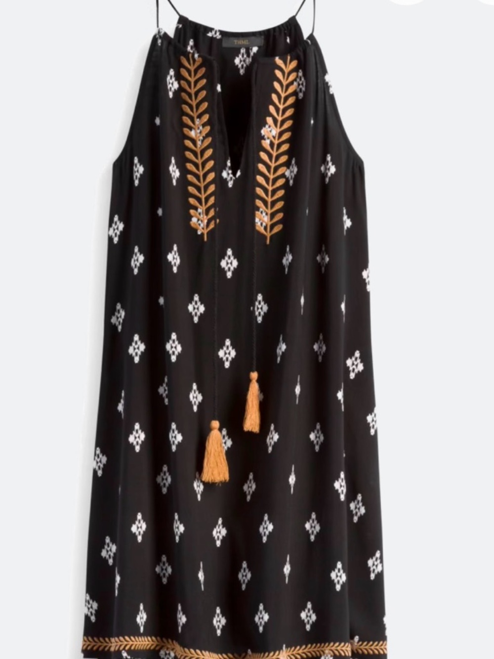 THML Embroidered Boho Tunic Dress/Cover Up LP Large Petite Tassel Tie Black
